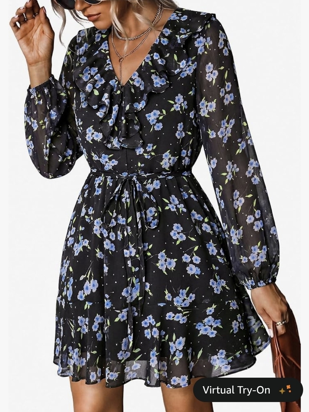 W Large Floral Ruffle V-Neck Black Dress with Blue Flower Print